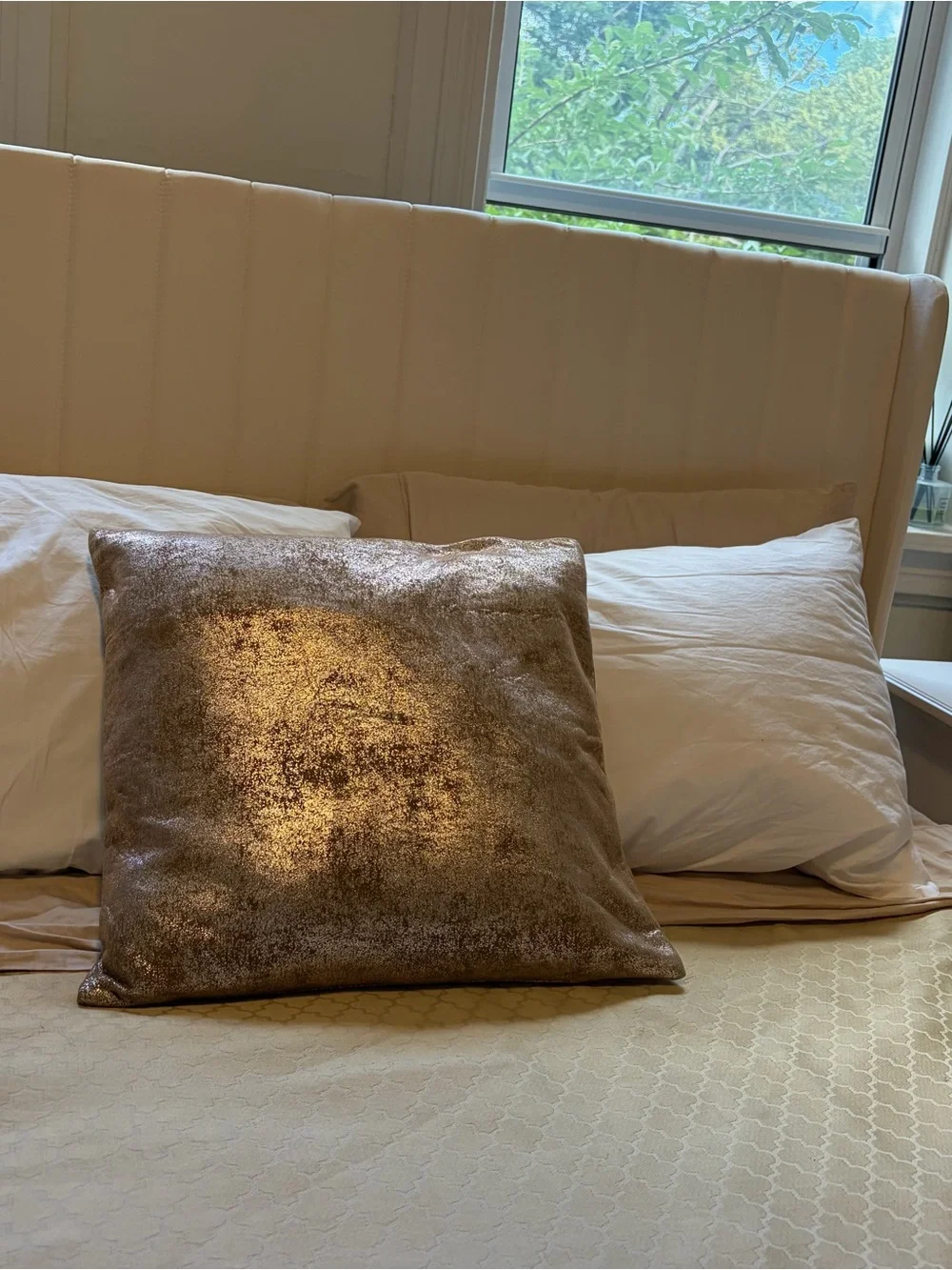 West Elm Gold Metallic Tan Decorative Throw Pillow Case Cover 20 x 20in